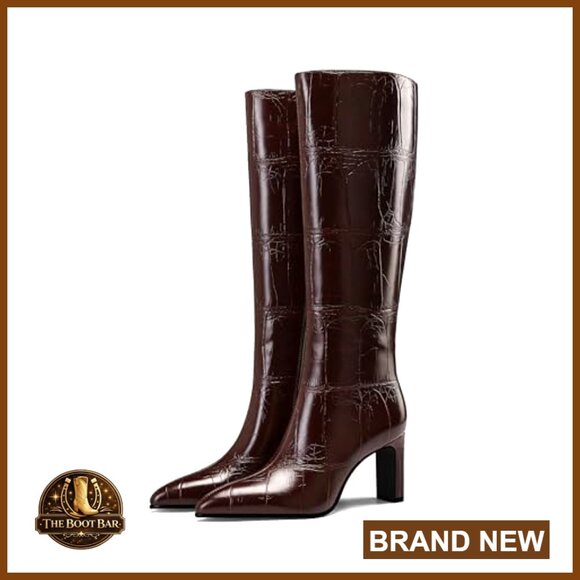 Chunky Heel Pointed Toe Knee-High Boots PU Leather - Picture 2 of 6